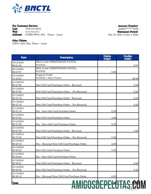 Timor Leste BNCTL Bank Statement Xls modelo